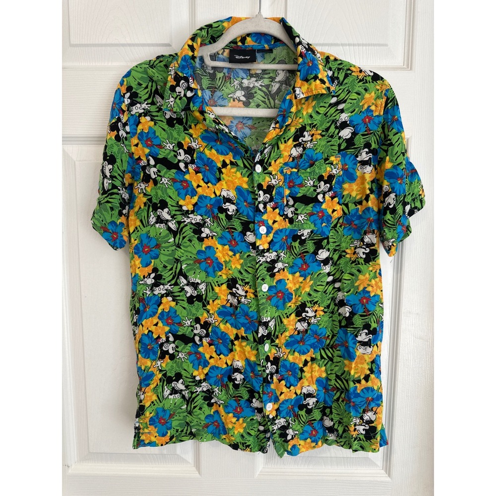 Disney Mickey Mouse Hawaiian Shirt Small Green Blue Floral Hibiscus Rayon Button